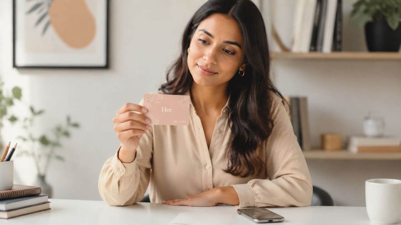 A woman sitting at a desk thoughtfully examining a pink gift card labeled Her.