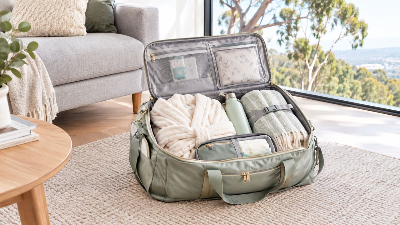 A sage green hospital maternity bag packed with a robe, blanket, water bottle, and baby items on a rug.