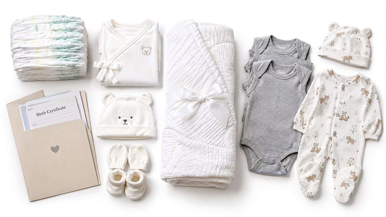 A curated collection of baby essentials including diapers, clothing, a blanket, and a birth certificate folder.