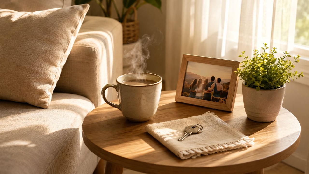 A warm, cosy living room table featuring a steaming cup of coffee, a framed family photo, and keys.