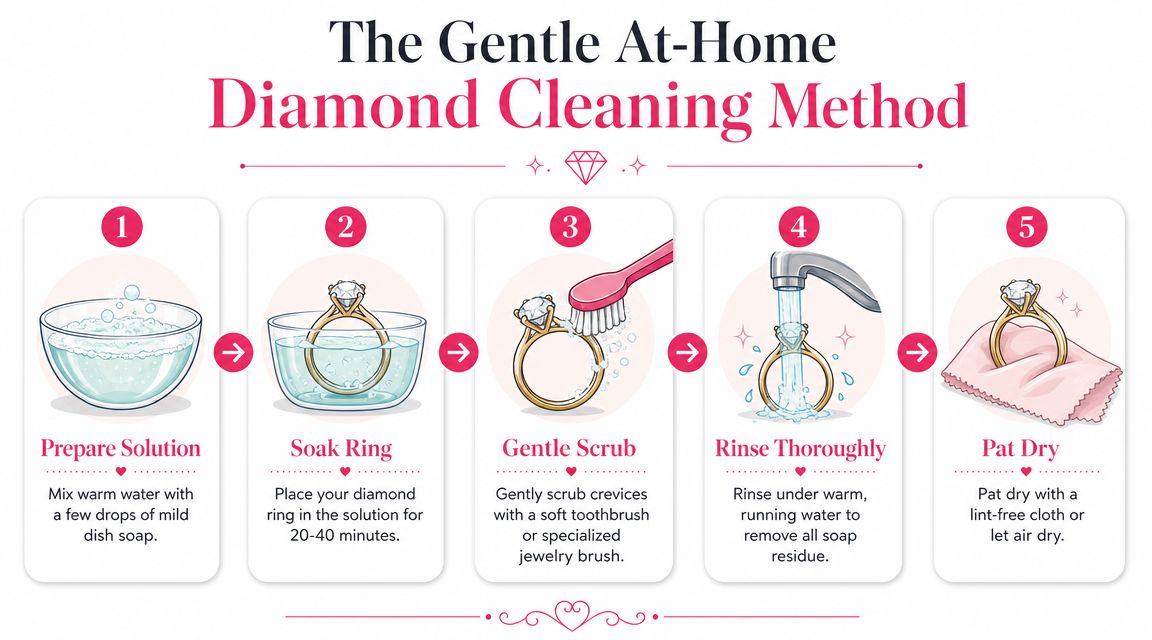 A five-step infographic showing how to safely clean a diamond ring at home using soap and water.
