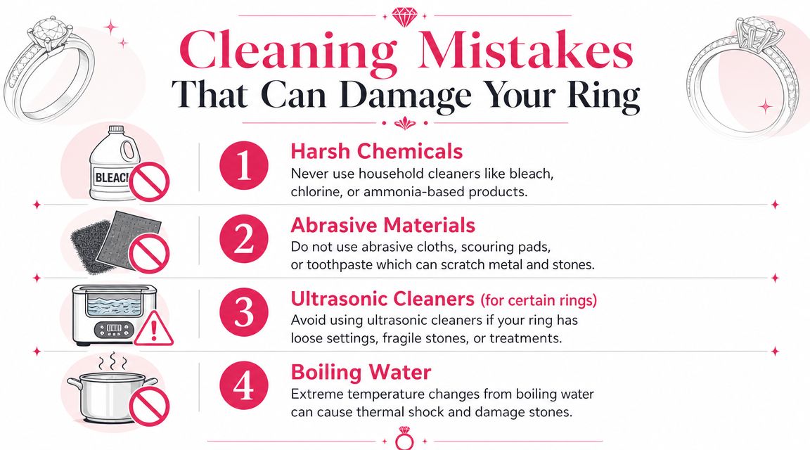 An infographic showing four common cleaning mistakes to avoid when taking care of your diamond ring.