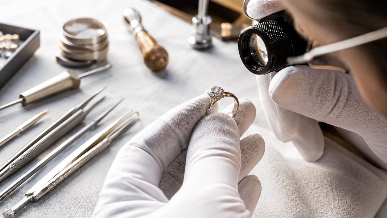 A professional jeweler with white gloves inspecting a diamond engagement ring using a handheld magnifying loupe.