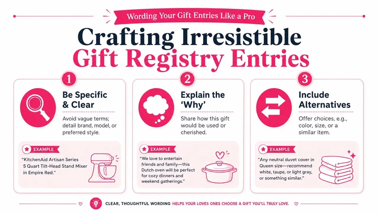An infographic titled Crafting Irresistible Gift Registry Entries providing three tips for creating effective gift registry listings.