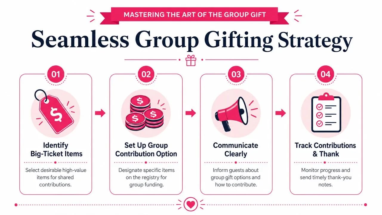 A four-step infographic illustrating a strategic guide for managing group gifting for special occasions.