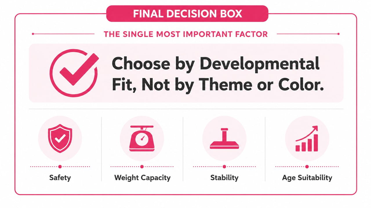 A graphic highlighting developmental fit as the most important factor when choosing toys, including safety and stability.