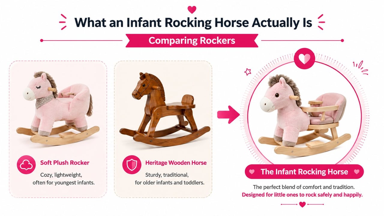 Comparison chart illustrating the differences between soft plush rockers, traditional wooden horses, and infant rocking horses.