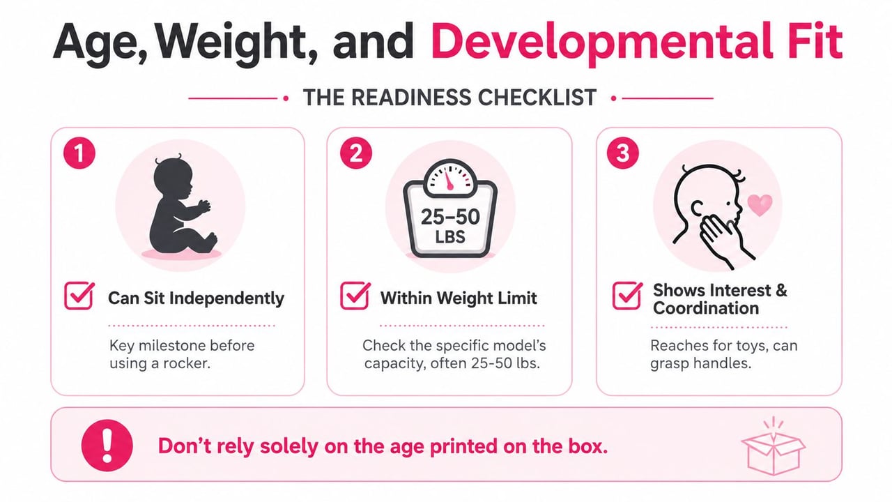 A checklist infographic illustrating the physical and developmental milestones for babies to safely use a rocking horse.