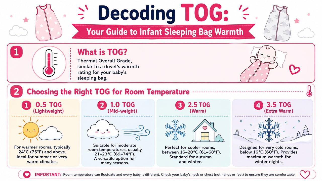 An infographic guide explaining TOG ratings for infant sleeping bags based on different room temperatures.
