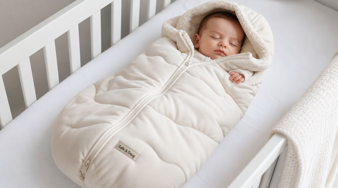 A cute newborn baby sleeping peacefully wrapped in a warm, beige fleece-lined winter sleeping bag inside a crib.