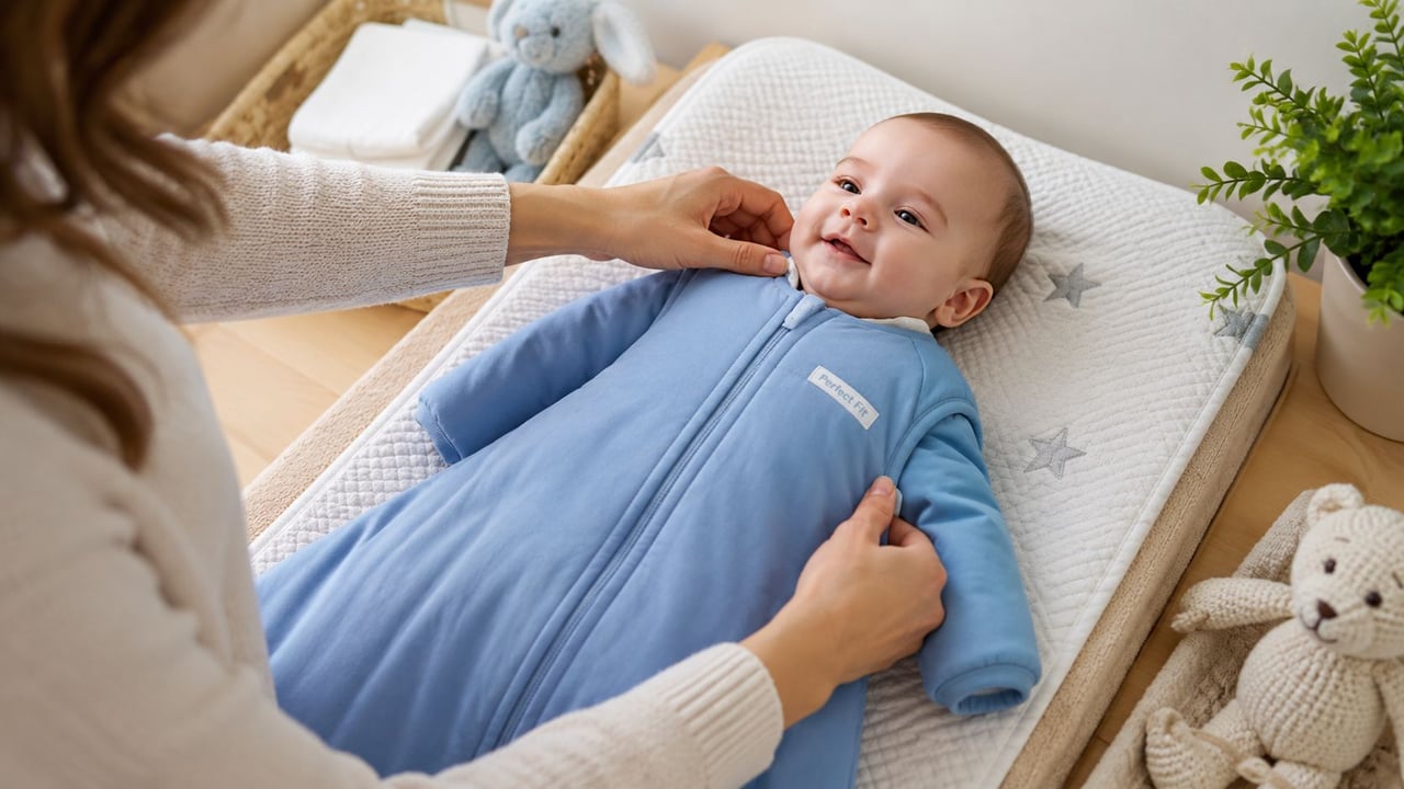 A mother gently zips up a blue infant sleeping bag while her happy baby lies on a changing pad.