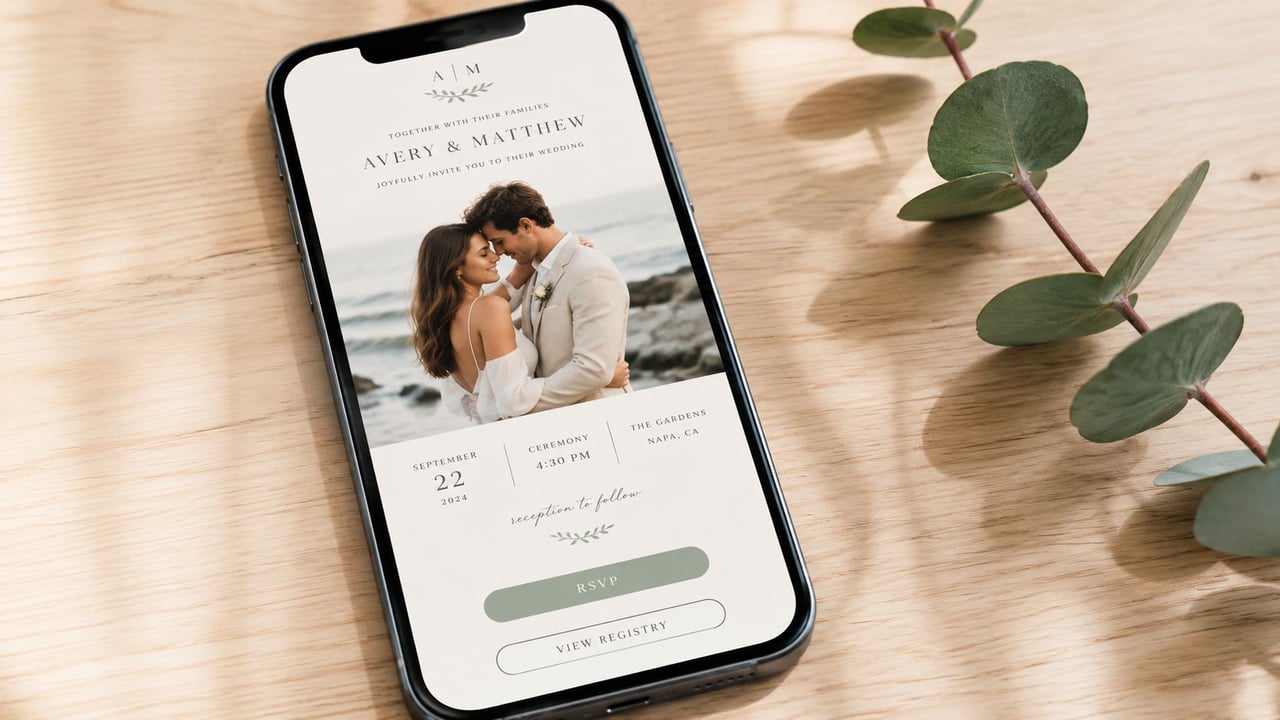 A wedding invitation displayed on a modern smartphone screen resting on a light wooden table surface.