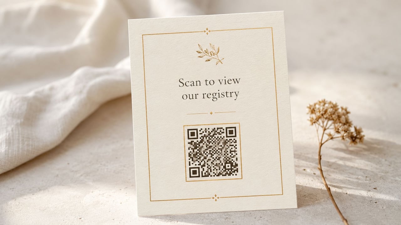 A sophisticated wedding registry sign featuring a QR code, gold border, and floral design on textured paper.