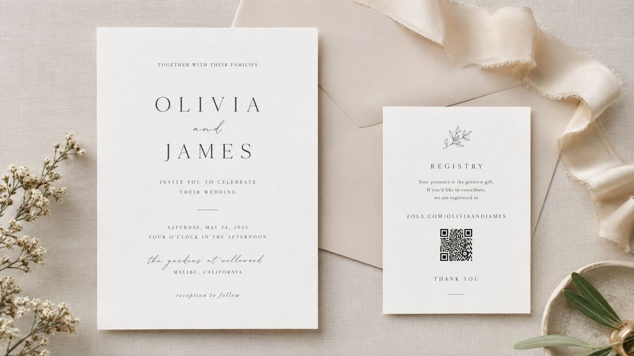 Elegant wedding invitation set featuring names Olivia and James on a cream textured background with floral accents.