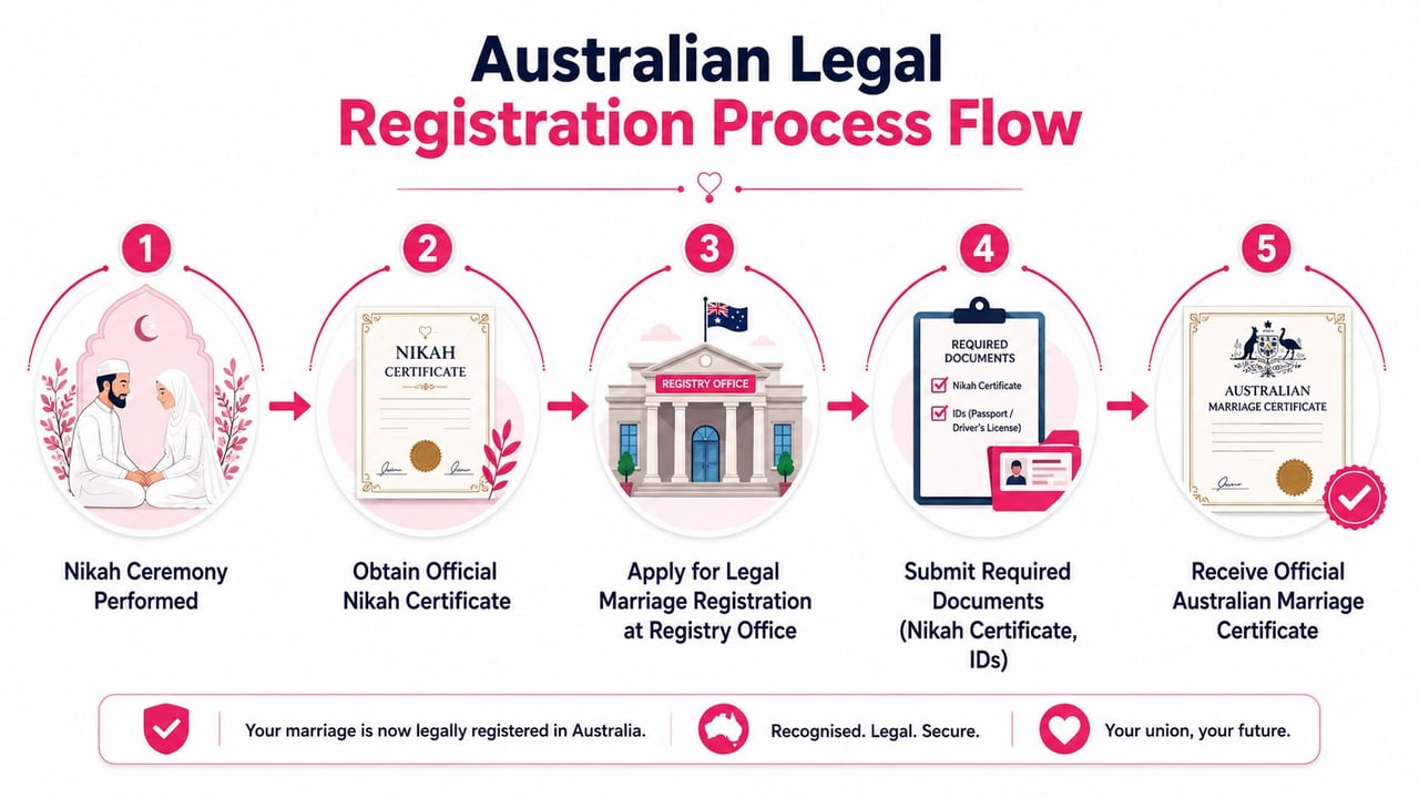 A flowchart showing the five-step legal registration process for an Islamic Nikah marriage ceremony in Australia.