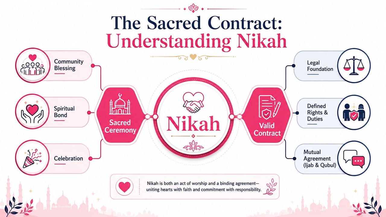 An infographic titled The Sacred Contract explaining Nikah as a sacred ceremony and a valid legal contract.