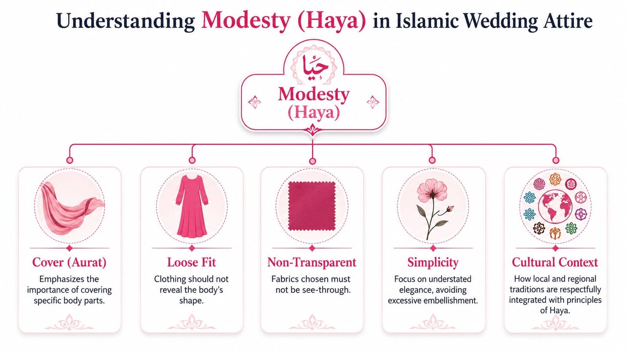 An infographic titled Understanding Modesty (Haya) in Islamic Wedding Attire detailing five core principles for respectful dress.