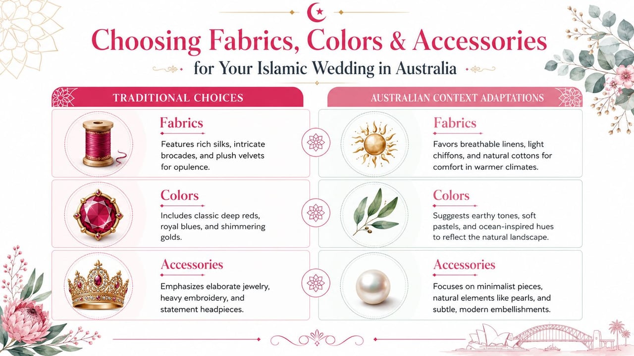 An infographic comparing traditional Islamic wedding fashion styles with modern adaptations for Australian climates and settings.