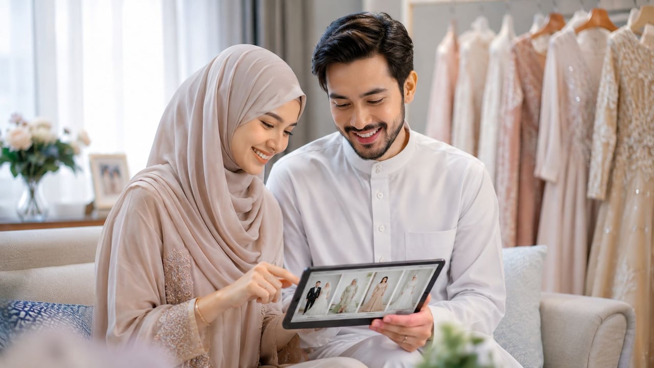 A smiling Muslim couple looking at bridal dress options on a tablet in a boutique store.