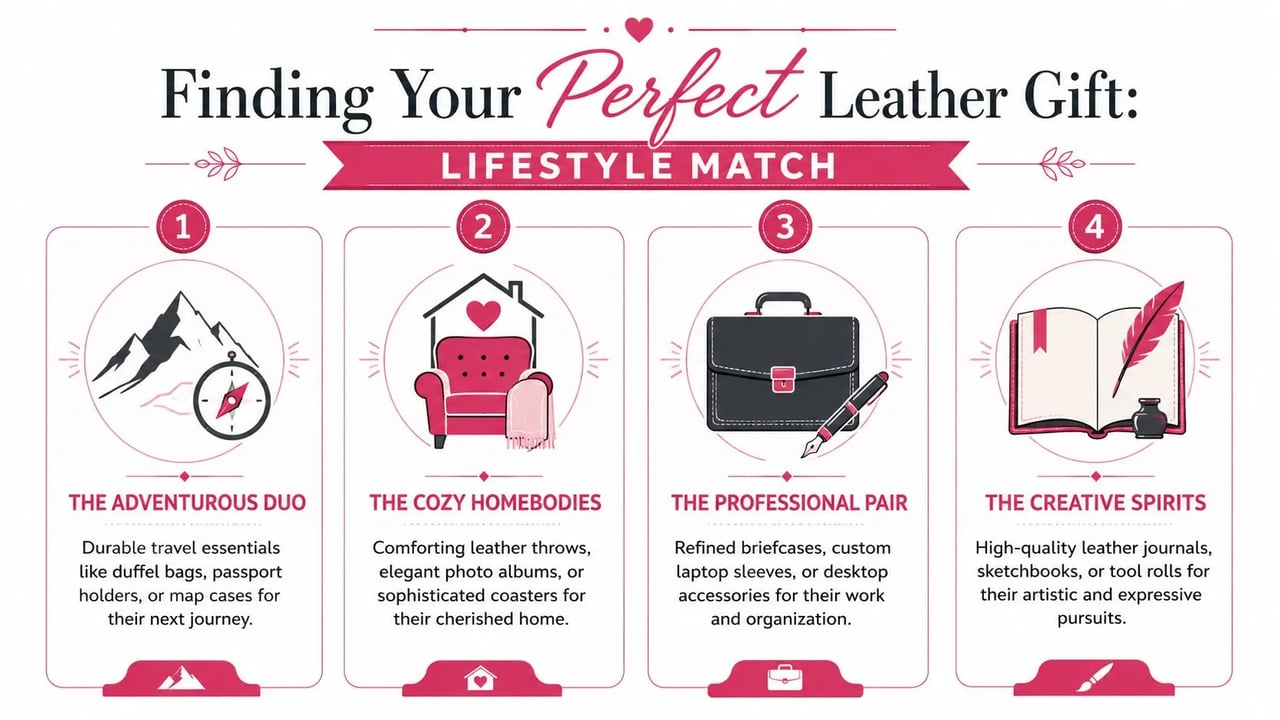An infographic titled Finding Your Perfect Leather Gift showcasing four lifestyle categories for gift-giving recommendations.