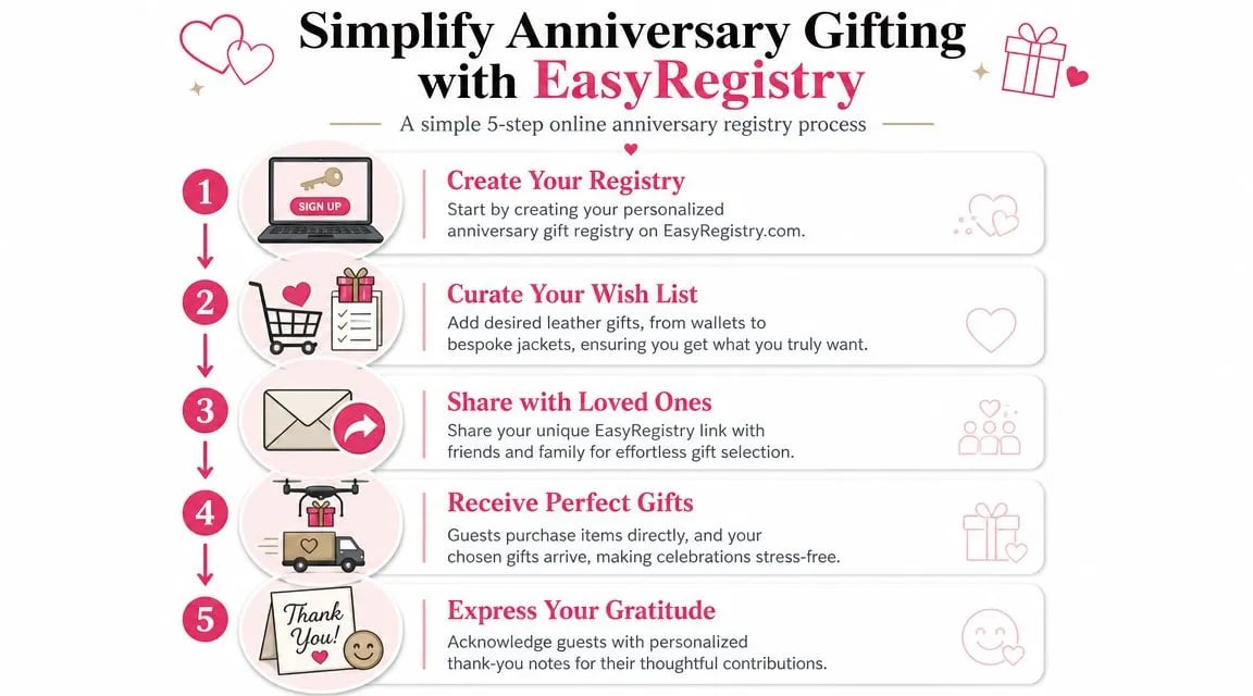 An infographic showing a simple five-step online anniversary gift registry process using the EasyRegistry platform.
