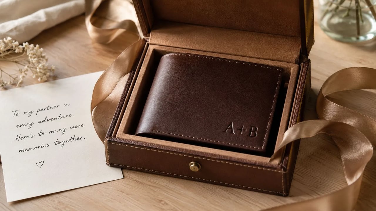 A leather wallet personalized with A+B initials inside a brown gift box next to a handwritten note.
