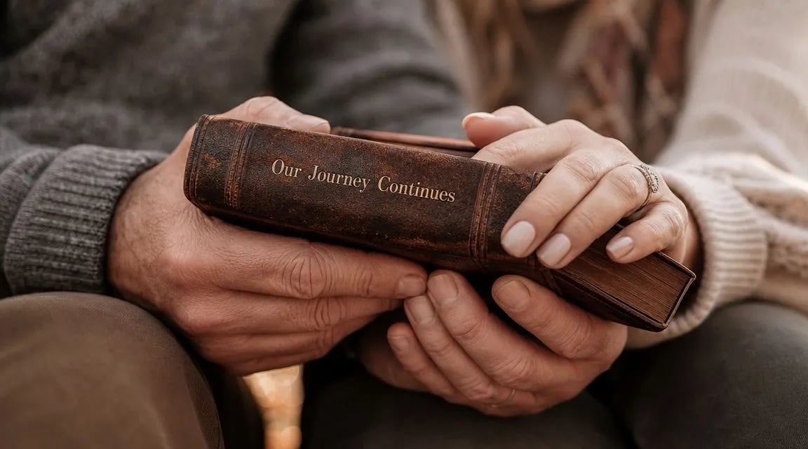 A close-up of a couple's hands holding a leather-bound book inscribed with Our Journey Continues.