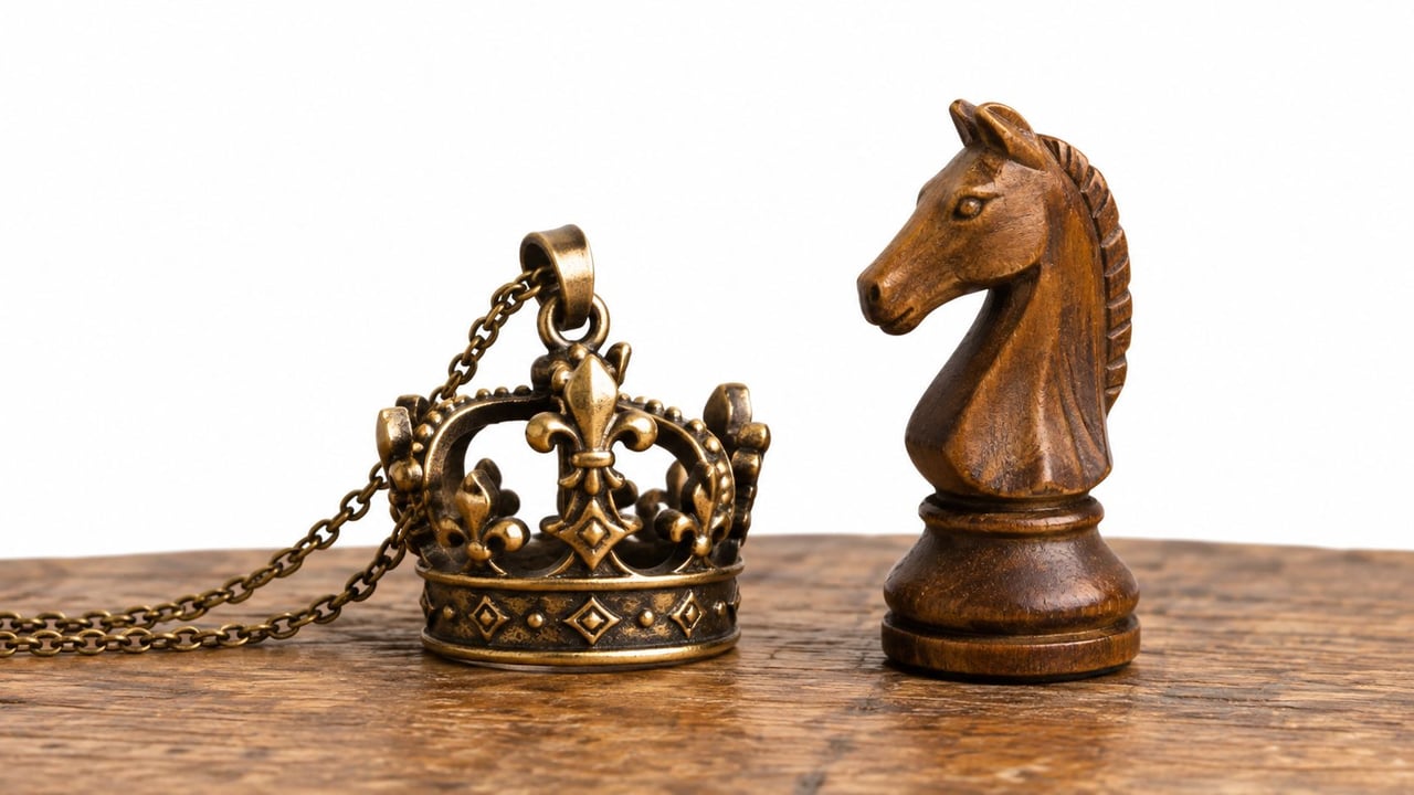 A bronze crown pendant with a chain sits next to a wooden knight chess piece on wood.