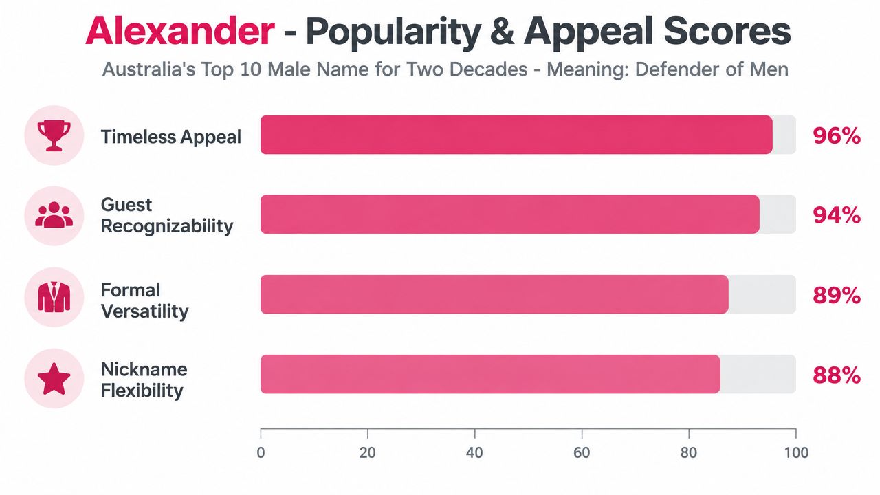 A chart showing popularity and appeal scores for the male name Alexander based on several categories.