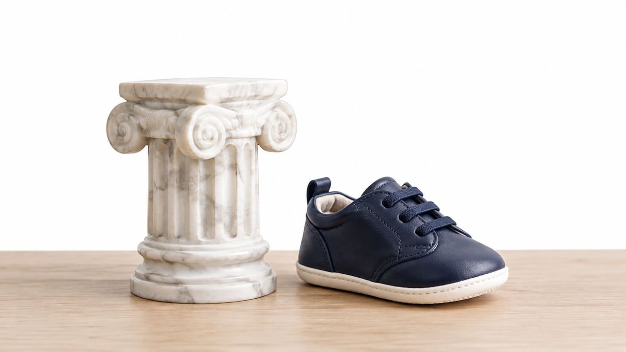 A small navy blue baby shoe placed next to a miniature classical marble column on wood.