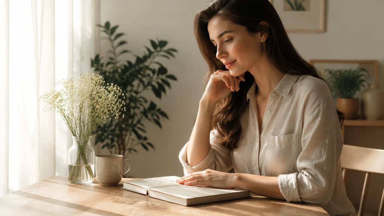 A serene woman with long dark hair reading a book while sitting at a sunny wooden table.