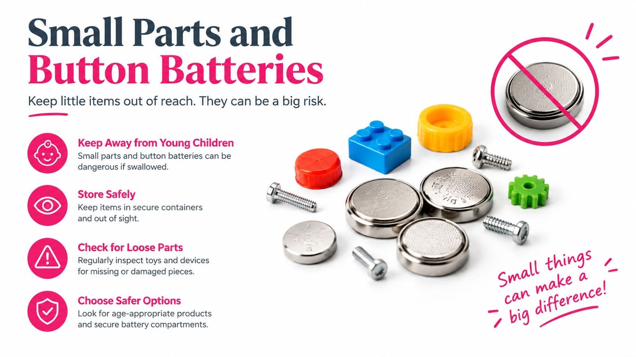 A safety infographic warning parents about the dangers of small parts and button batteries for young children.