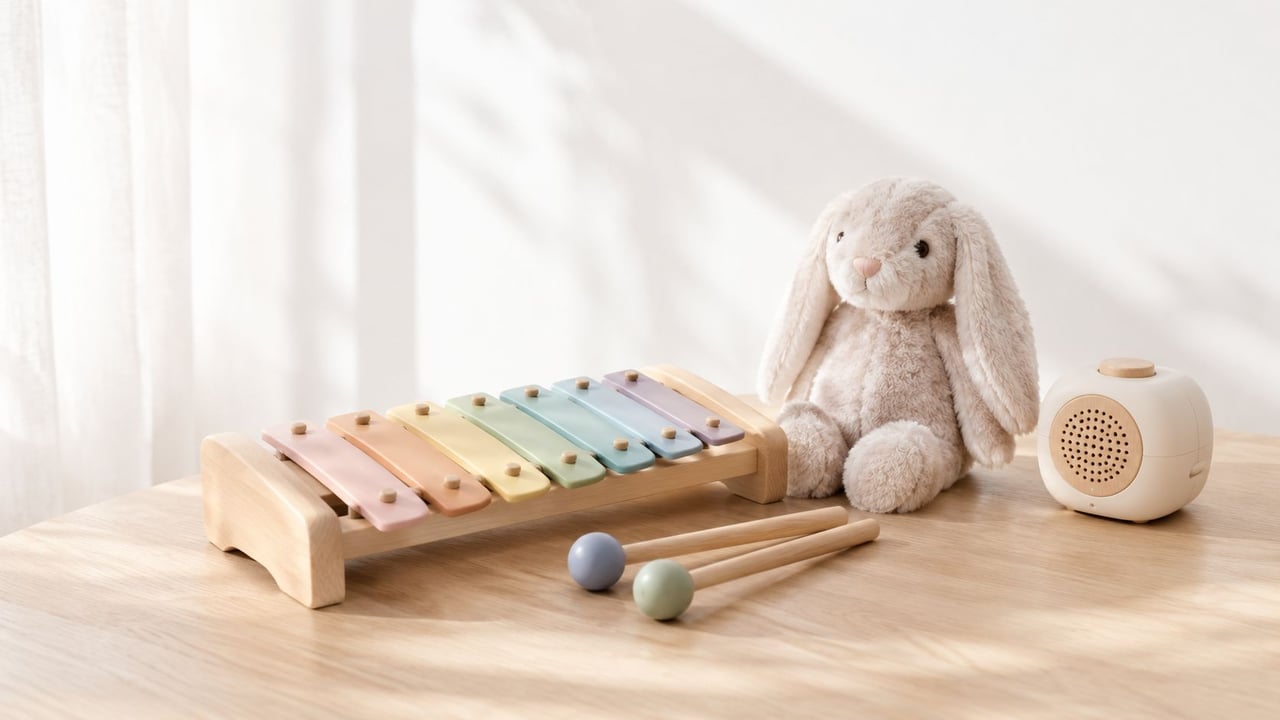 A wooden xylophone with colorful keys, two mallets, a stuffed rabbit, and a small speaker on a table.