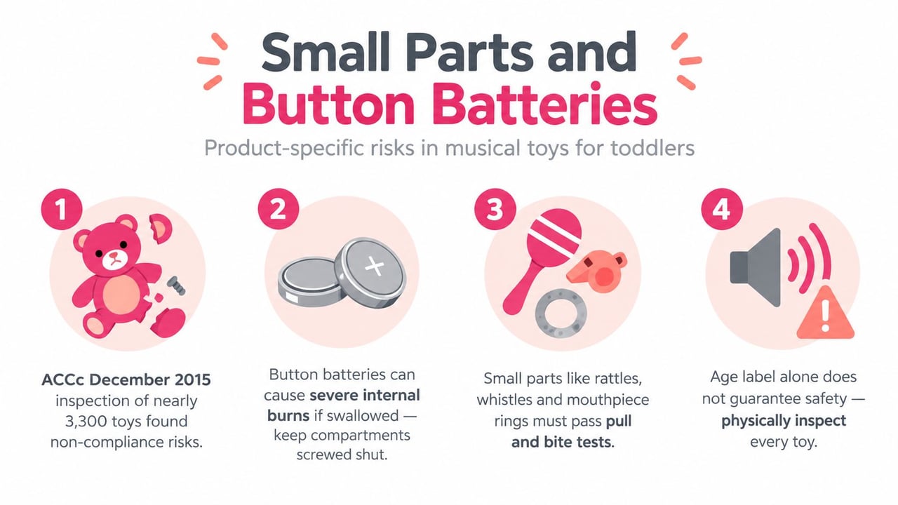 An infographic detailing safety risks for toddler musical toys, including button batteries and small detachable parts.