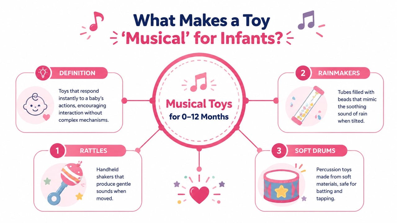 An infographic explaining musical toys for infants, featuring examples like rattles, rainmakers, and soft drums.