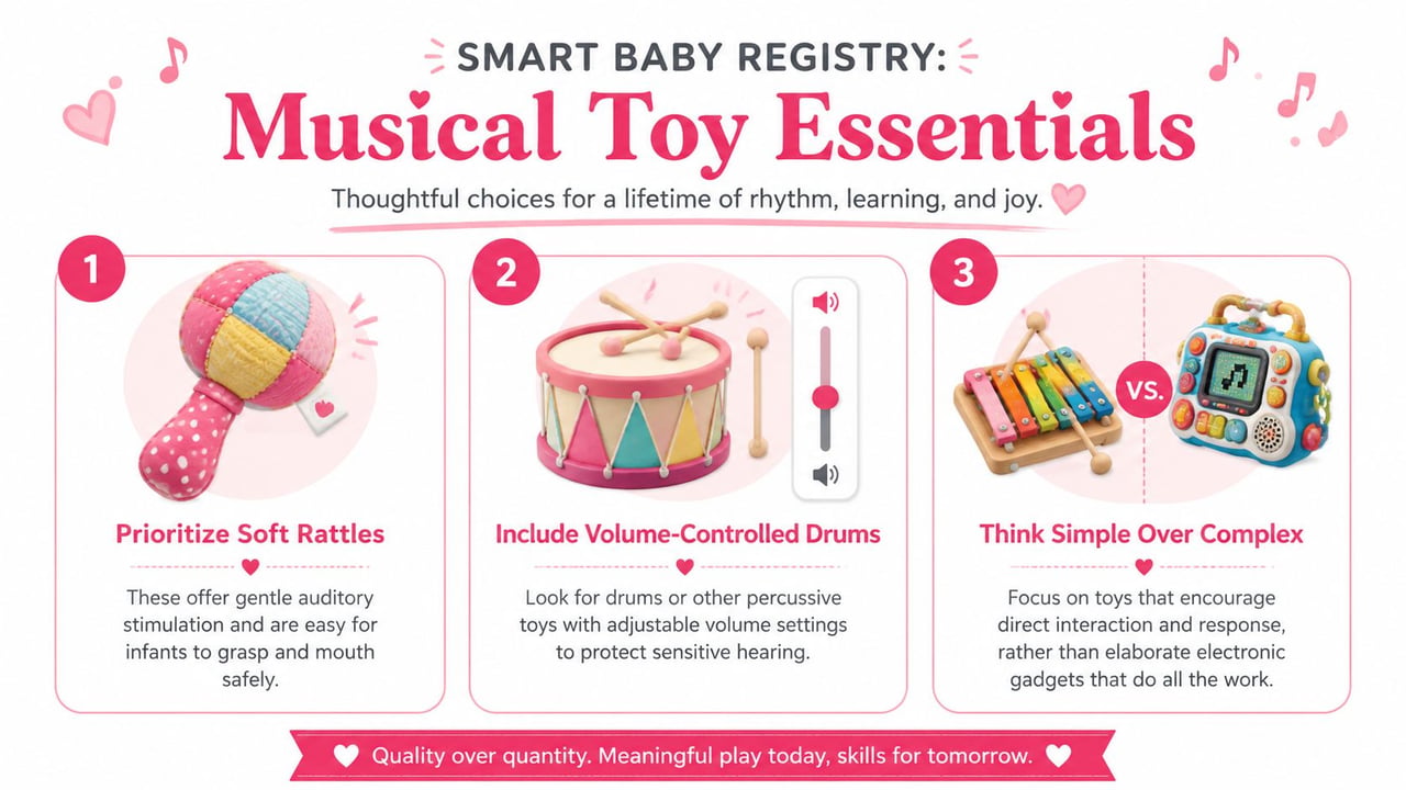 A guide titled Smart Baby Registry highlighting three essential musical toys for infant development and sensory play.