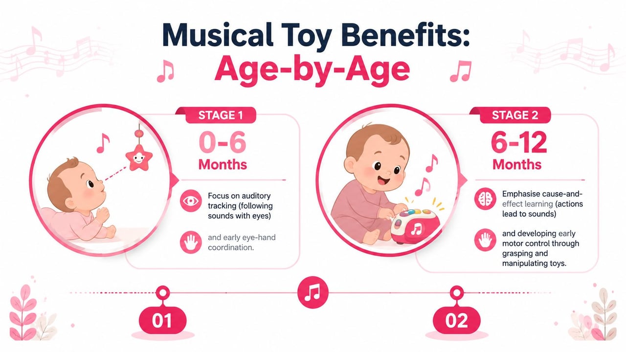 An infographic detailing the benefits of musical toys for infants, divided into two developmental age stages.