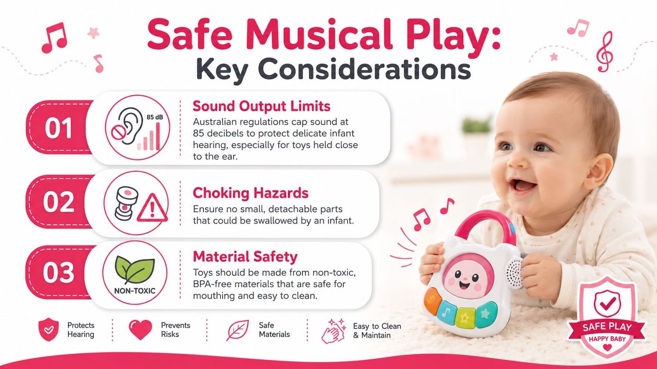 A safety infographic titled Safe Musical Play for infants, highlighting sound limits, choking hazards, and material safety.