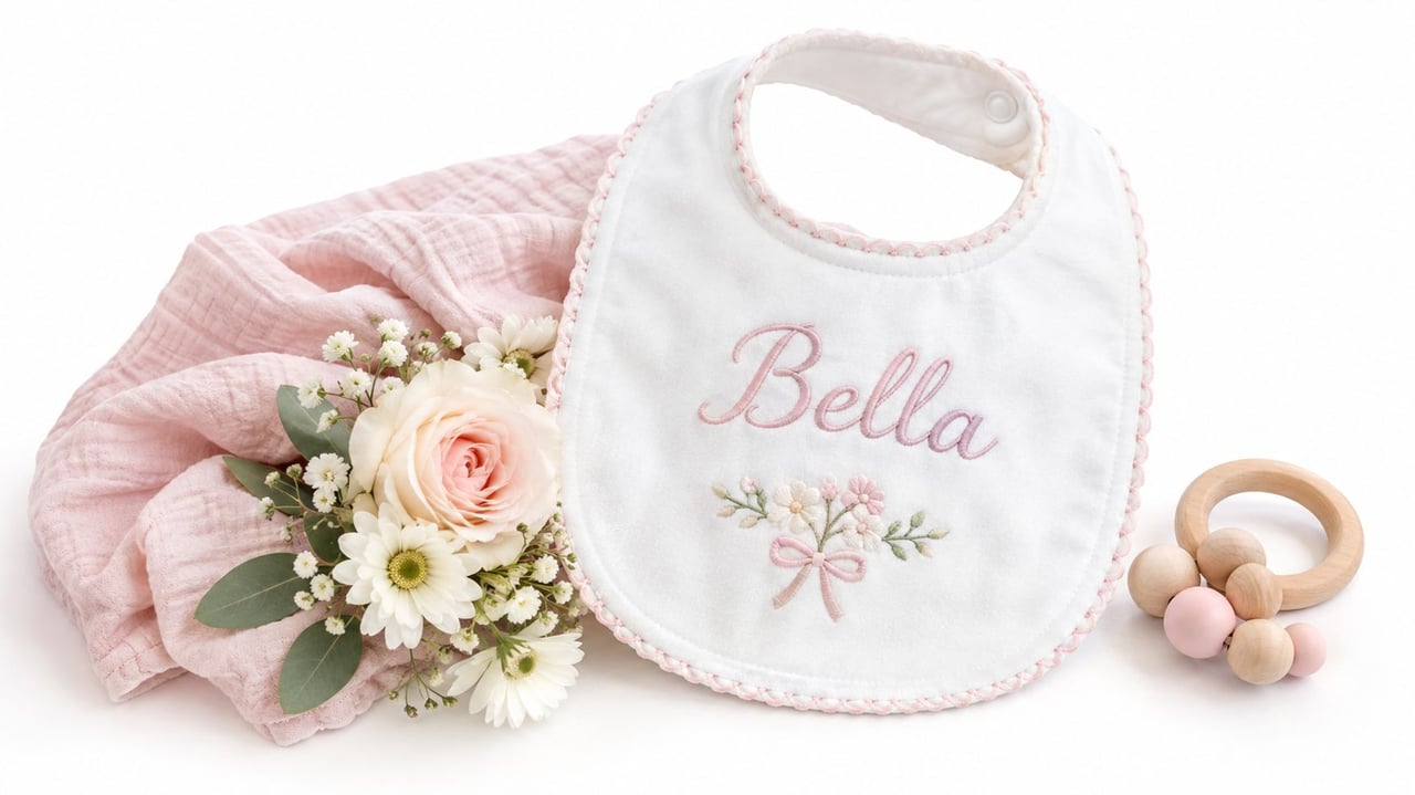 A white baby bib embroidered with the name Bella beside flowers and a wooden rattle.