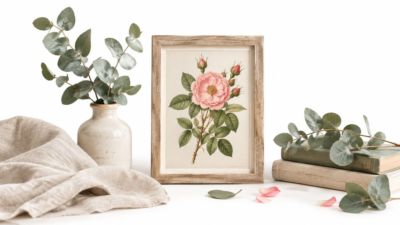 A framed botanical rose illustration beside a eucalyptus vase and books.