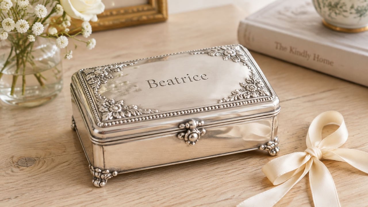 A silver keepsake box engraved with the name Beatrice on a wooden table beside a ribbon.