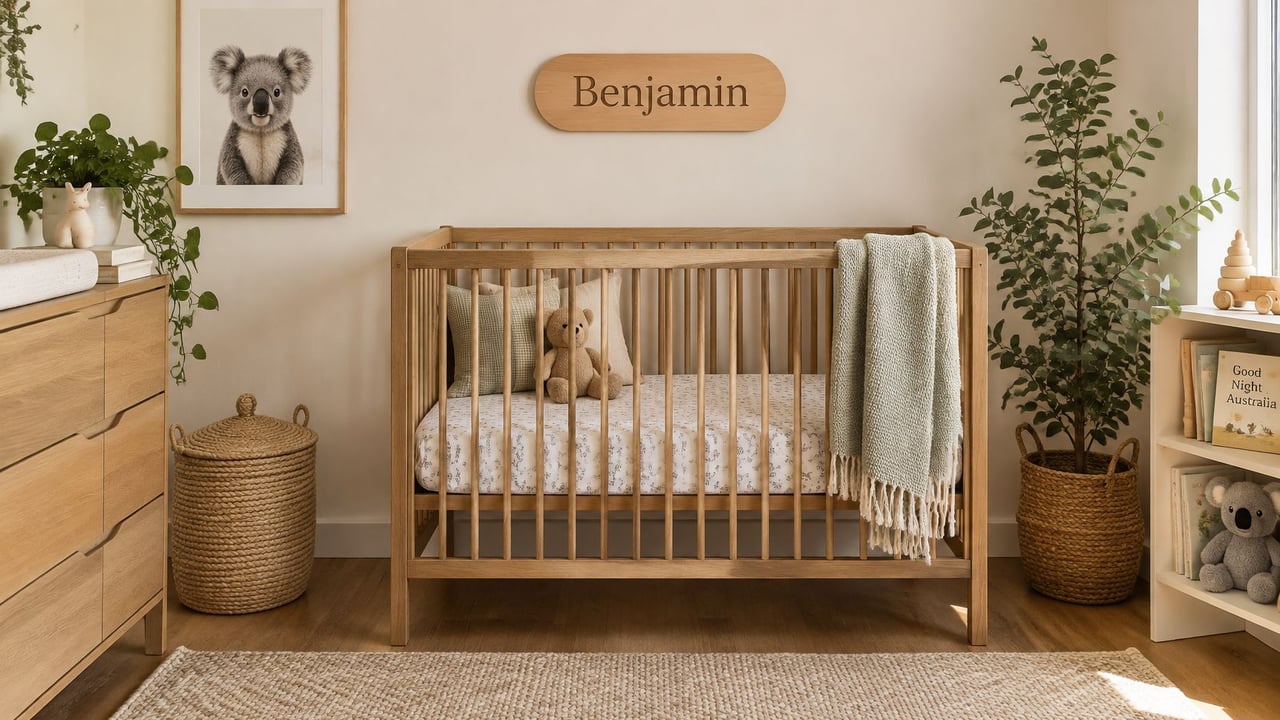 A sunlit nursery featuring a wooden cot, a personalised wall sign and a koala print.