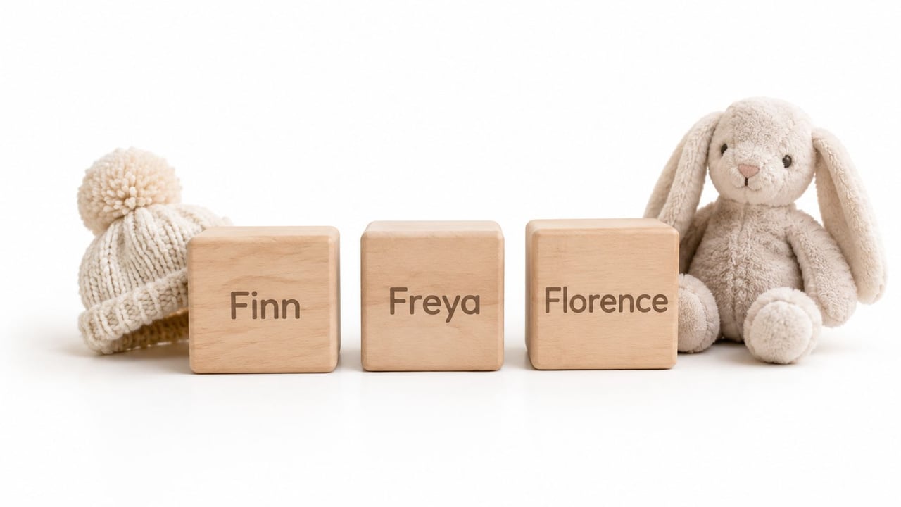 Three wooden blocks with the names Finn, Freya, and Florence sitting next to a stuffed bunny toy.