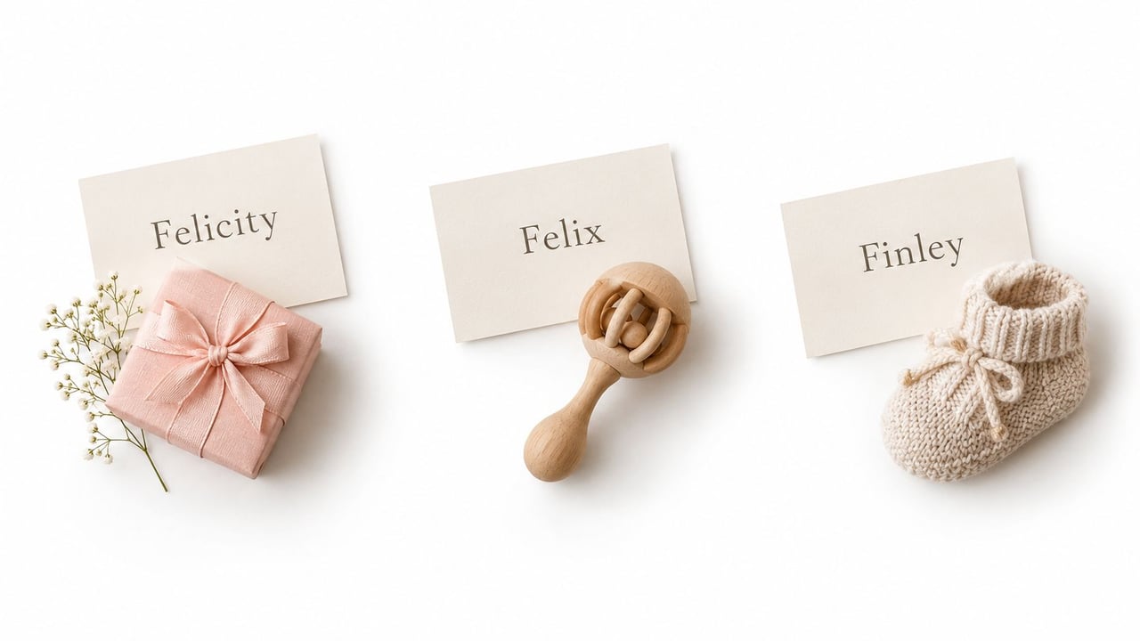 Three cards with the names Felicity, Felix, and Finley displayed alongside baby gifts on a white background.