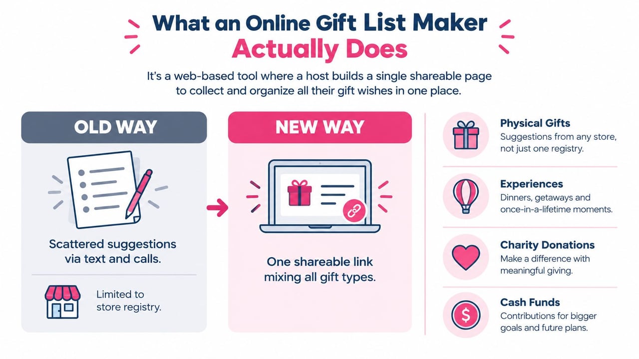An infographic showing how an online gift list maker simplifies managing various types of gift requests.