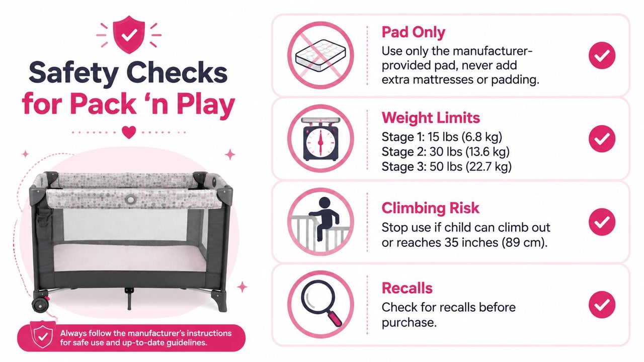 A safety infographic for Pack 'n Play portacots outlining proper pad use, weight limits, and climbing risks.