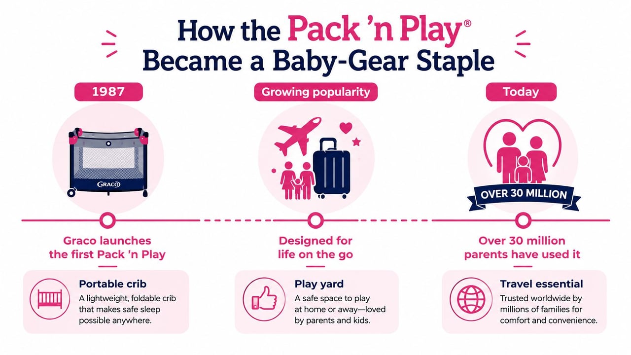 An infographic illustrating the historical evolution and popularity of the Graco Pack 'n Play portable baby crib.