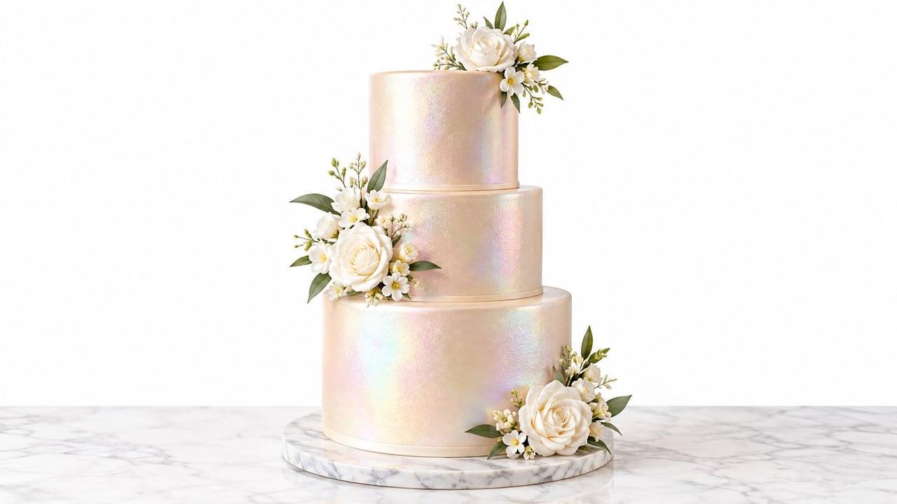 A three-tiered pearl-textured wedding cake decorated with elegant white roses and green leaves on a marble stand.