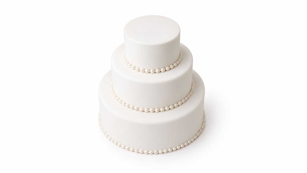 A elegant three-tiered white wedding cake decorated with delicate pearl strands on a plain white background.