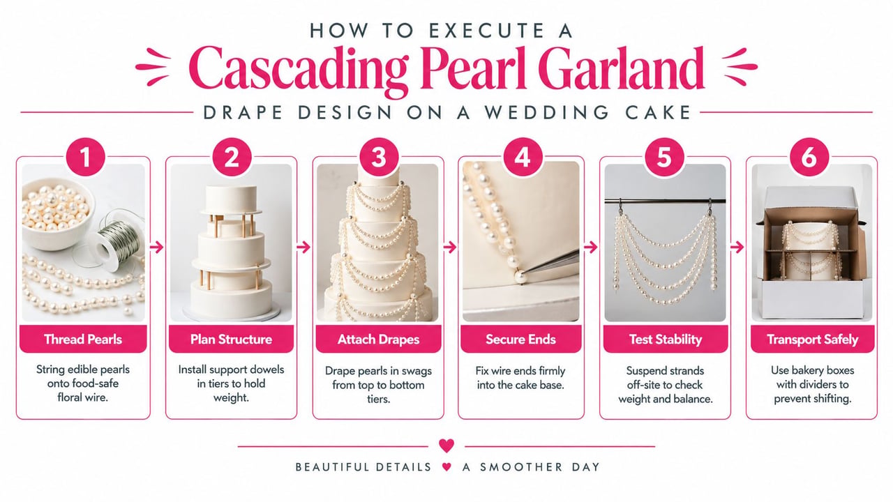An instructional infographic detailing six steps to create and attach a cascading pearl garland to a cake.